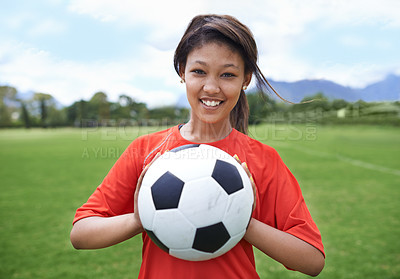 Buy stock photo Woman, football field and portrait with ball, happy and soccer player for match, competition and game. Fitness, practice and ready for training, outdoor and exercise for athlete, fun and sport
