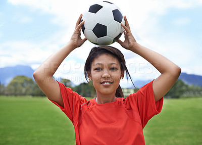Buy stock photo Happy woman, soccer ball and sports game for throw, playing match or cardio exercise on green grass. Face of young female person or football player smile for training or practice on outdoor field
