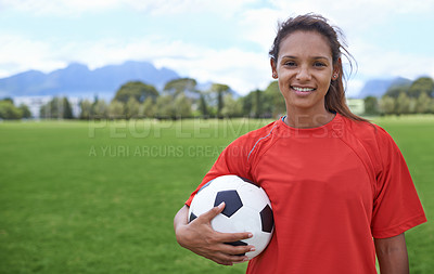 Buy stock photo Girl, football field and portrait with ball, happy and soccer player for match, competition and game. Fitness, practice and ready for training, outdoor and exercise for athlete, fun and sport
