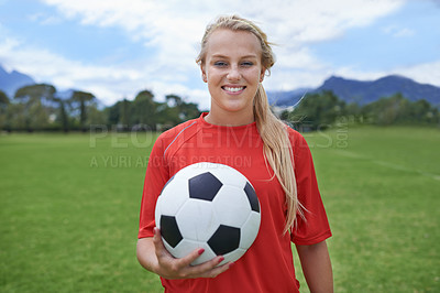 Buy stock photo Woman, soccer player and portrait with ball, confidence and football field for match, competition or game. Fitness, practice and ready for training, outdoor and exercise for athlete, strong or sport
