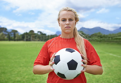 Buy stock photo Woman, soccer player and portrait with ball, confidence and football field for match, competition or game. Fitness, practice and ready for training, outdoor and exercise for strong athlete or sport
