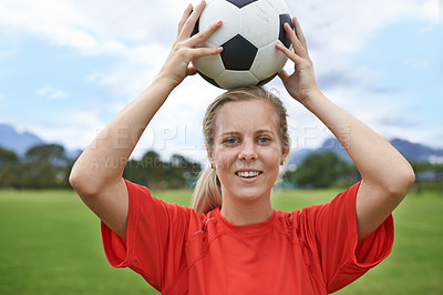 Buy stock photo Happy woman, portrait and soccer ball for sports game, throw or playing match in exercise on green grass. Face of young female person or football player smile in training or practice on outdoor field