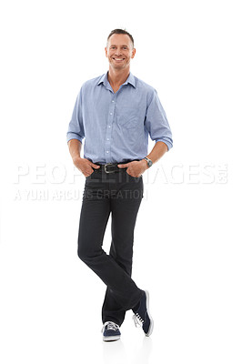 Buy stock photo Man, studio portrait and handsome smile with casual fashion by white background for happiness. Isolated mature model, jeans and shirt with hands in pocket for happy lifestyle, relax and confidence
