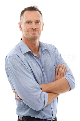 Buy stock photo Portrait, business and man arms crossed, smile and confident guy isolated on white studio background. Face, Canadian male or gentleman with gesture for leadership, management or happiness on backdrop