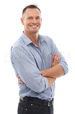 Buy stock photo Business, portrait and man arms crossed, smile and management isolated on white studio background. Face, male employee, happy entrepreneur and gesture for leadership, manager and casual on backdrop
