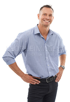 Buy stock photo Mature, portrait and business man in studio isolated on a white background with vision, mission and success mindset. Ceo, boss and confident, proud and happy middle aged male entrepreneur from Canada