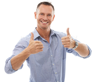 Buy stock photo Portrait, thumbs up and business man in studio isolated on a white background. Thumbsup, support and happy male with hand gesture for like emoji, approval or thank you, yes and success motivation.