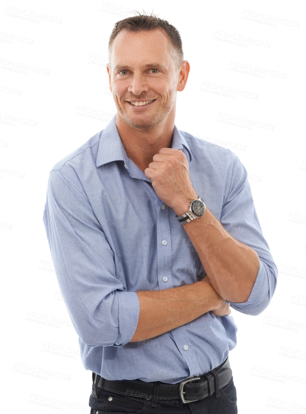 Buy stock photo Smile, portrait and business man in studio isolated on a white background with success mindset, vision and mission. Entrepreneur goals, boss and confident, mature and happy male ceo from Canada.