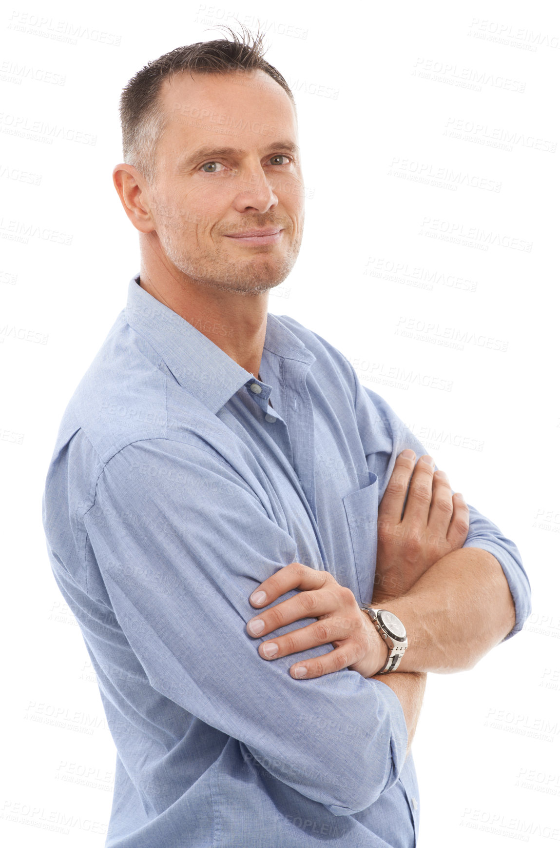 Buy stock photo Confidence, pride and portrait of a man in a studio posing with crossed arms for leadership. Happy, smile and face of a confident mature male model with positive mindset isolated by white background.