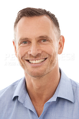 Buy stock photo Face, portrait and business man in studio isolated on a white background, smiling and happy with career. Boss, ceo and proud male entrepreneur from Canada with vision, mission and success mindset.