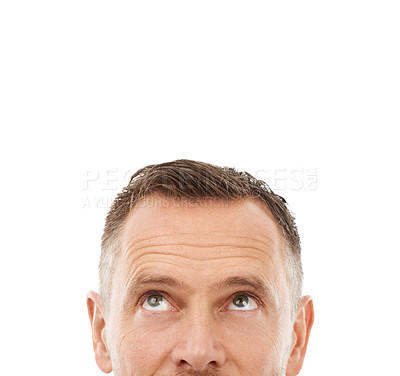Buy stock photo Face, looking up and mockup space for idea, advertising or promotion isolated on a white background. Person thinking about copyspace for sale, brand or logo for barber, eyes and studio headshot
