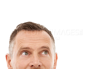 Buy stock photo Face, thinking and mockup space for idea, advertising or promotion isolated on a white background. Person looking up at copyspace for logo, brand or sale with barber haircut, eyes and studio headshot