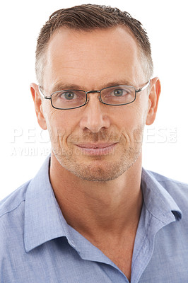 Buy stock photo Portrait, glasses and vision with a mature man in studio isolated on a white background for eyecare or optometry. Face, eyewear and eye exam with a handsome male at the optometrist or optician