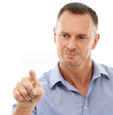 Buy stock photo Business man, hand with finger point and touch, virtual screen and technology abstract isolated on white background. Press, digital and face, scroll and ui, user experience and future tech in studio