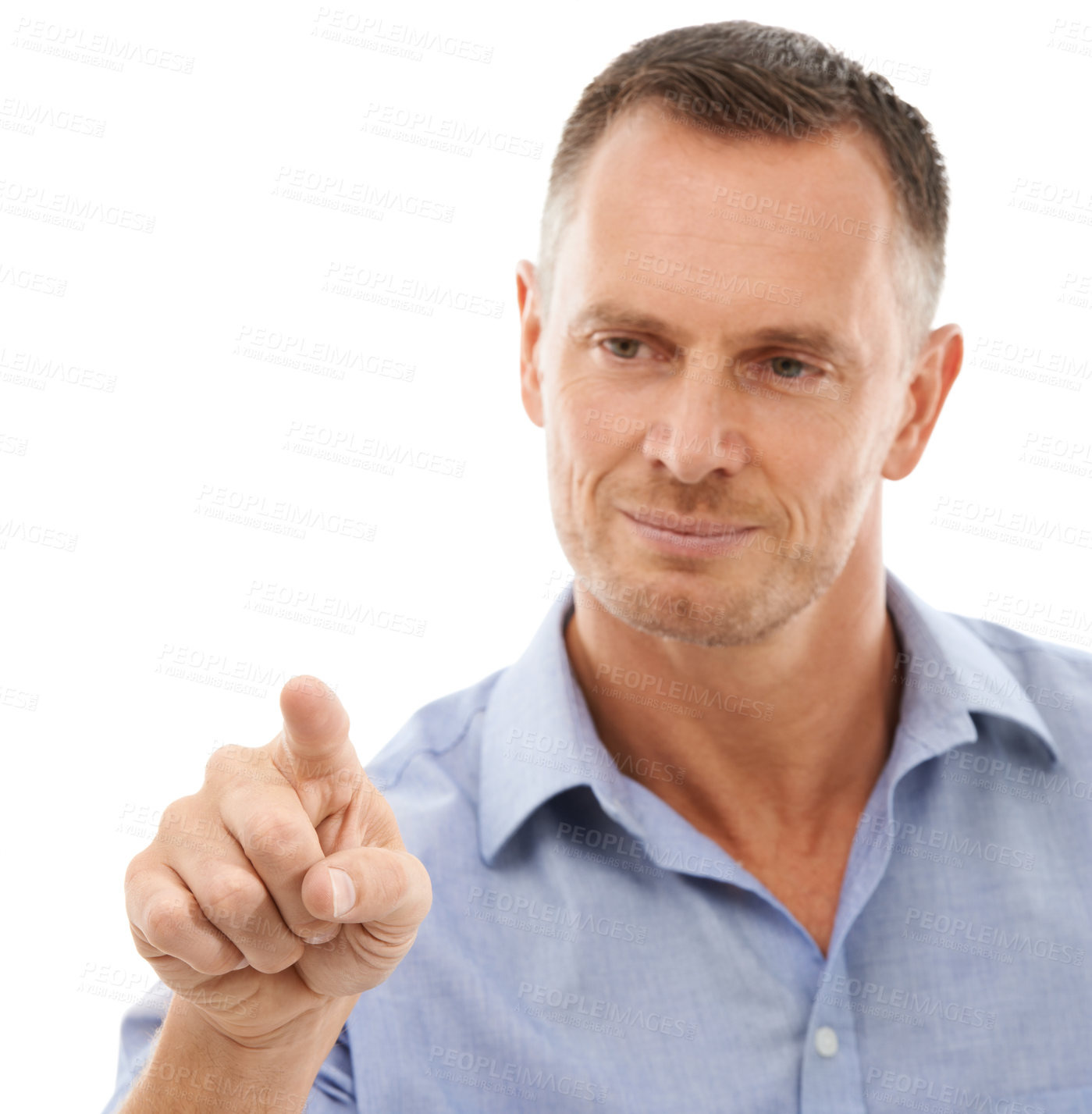 Buy stock photo Business man, hand with finger point and touch, virtual screen and technology abstract isolated on white background. Press, digital and face, scroll and ui, user experience and future tech in studio