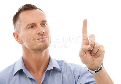 Buy stock photo Business man, face with finger pointing and touch, virtual screen and technology abstract isolated on white background. Press digital device, scroll and ui, user experience and future tech in studio