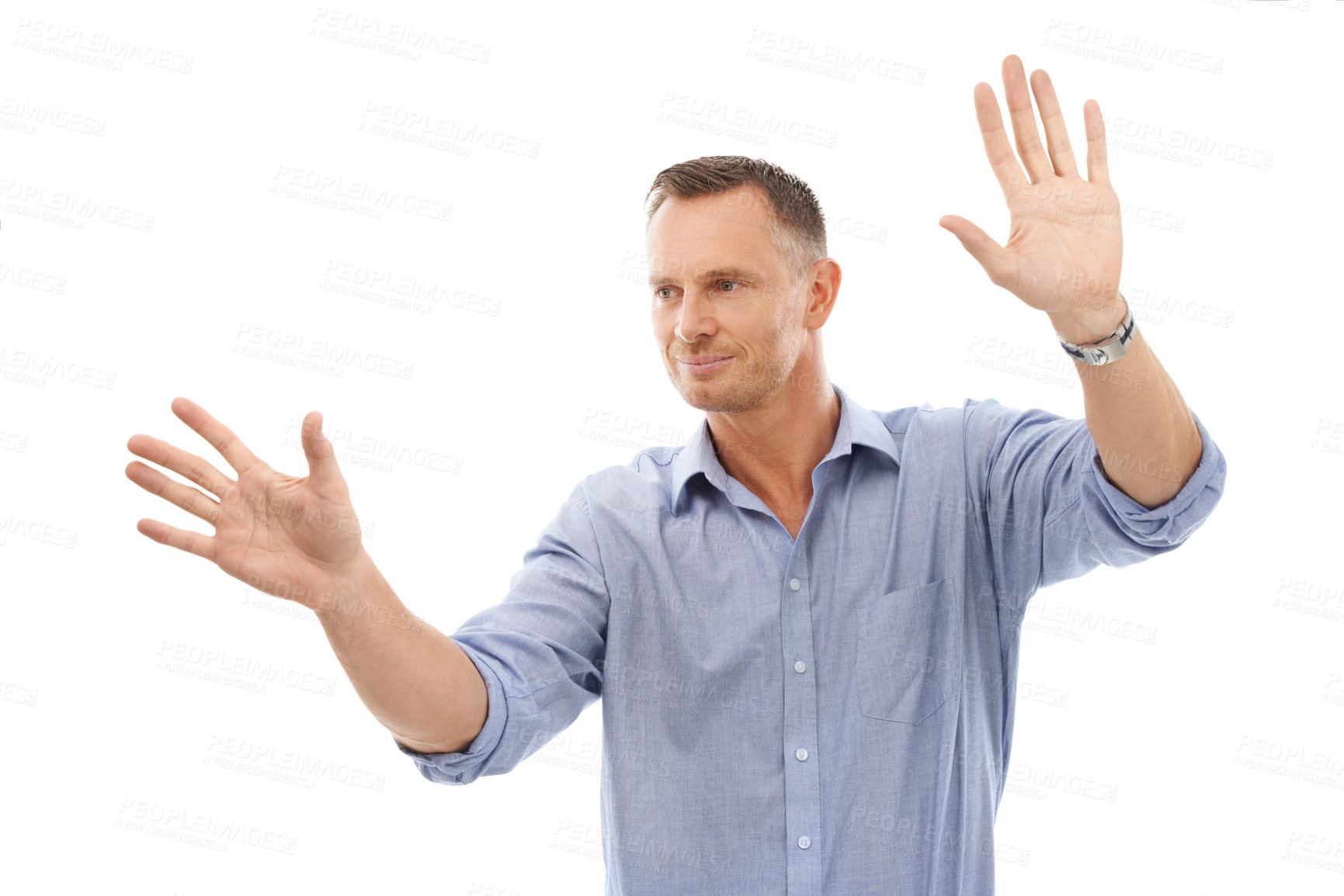 Buy stock photo Man hands touch an invisible screen isolated on a white background for futuristic technology mockup. Corporate or business person with moving gesture for metaverse experience on digital mock up space