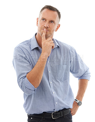 Buy stock photo Thinking, businessman with idea and finger on mouth, focus and thoughtful face isolated on white background. Solution, ideas and contemplating business project planning and brainstorming in studio