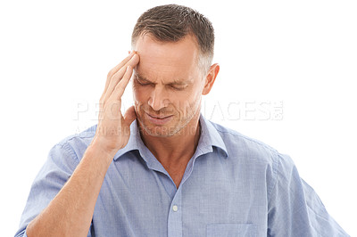 Buy stock photo Headache, stress and business man in studio with migraine isolated on a white background. Mental health, burnout and mature male entrepreneur with anxiety, pain or head ache, depression or frustrated