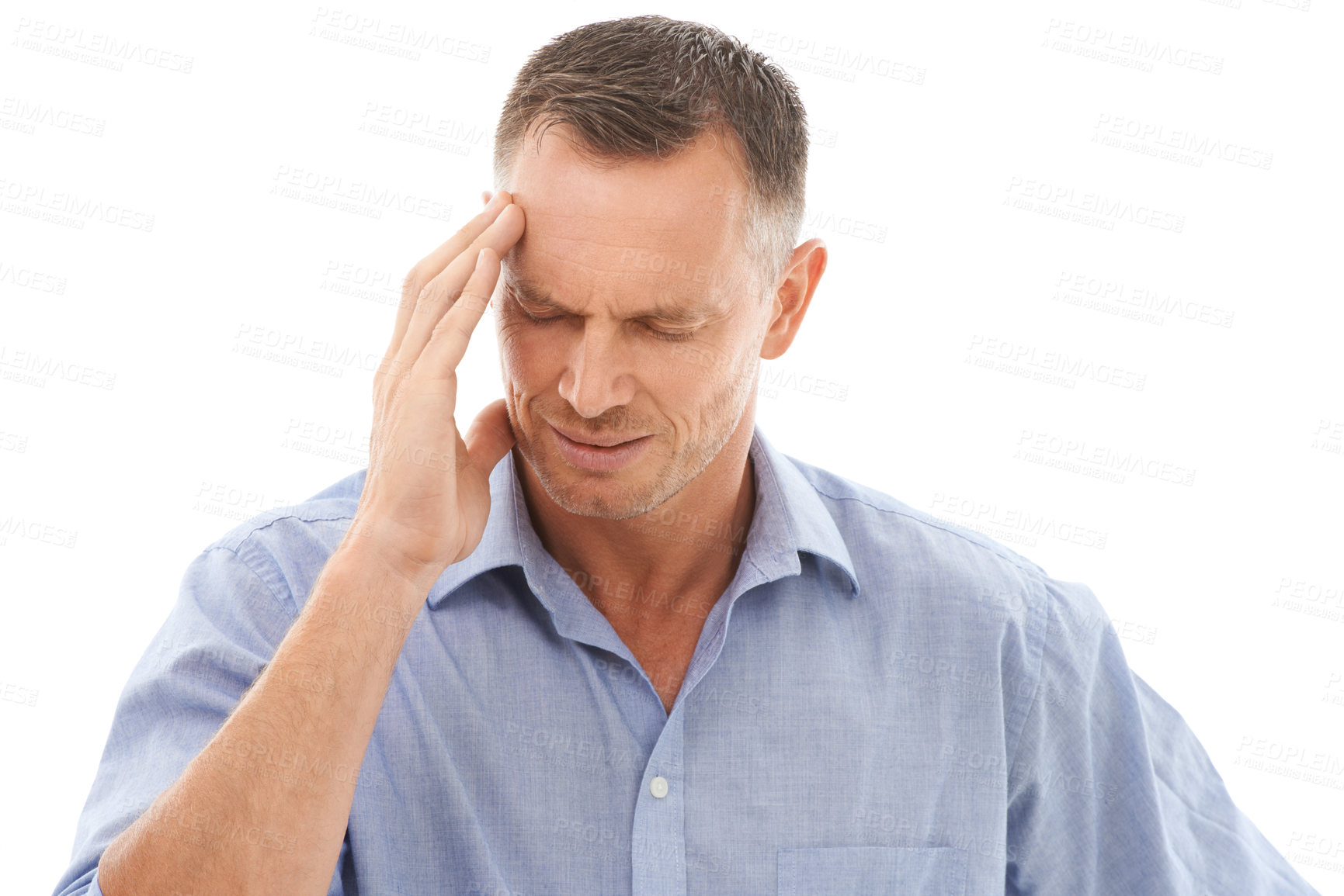 Buy stock photo Headache, stress and business man in studio with migraine isolated on a white background. Mental health, burnout and mature male entrepreneur with anxiety, pain or head ache, depression or frustrated