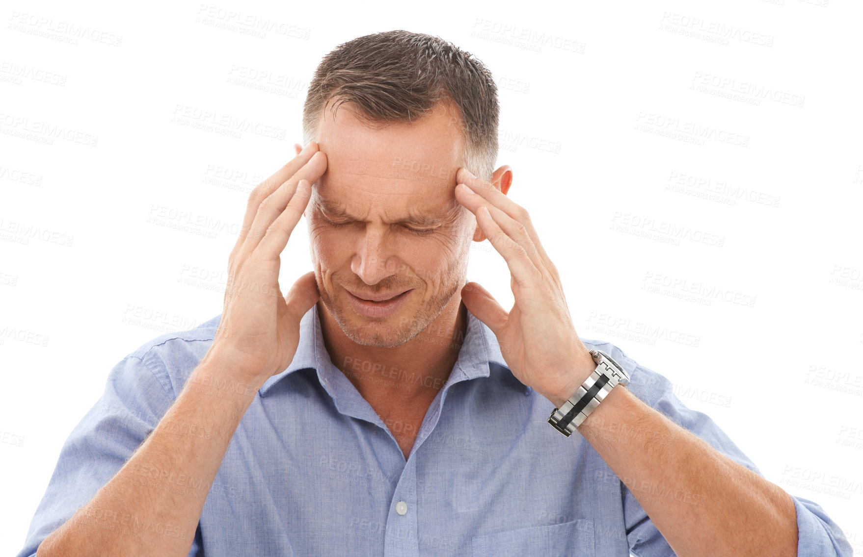 Buy stock photo Burnout, headache and business man in studio with migraine isolated on a white background. Mental health, stress and face of mature male entrepreneur with anxiety, pain or head ache and depression.