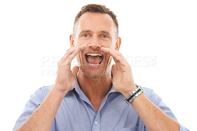 Buy stock photo Shouting, happy and portrait of a man with an announcement isolated on a white background. Screaming, yelling and businessman cupping hands for gossip, conversation or communication on a backdrop