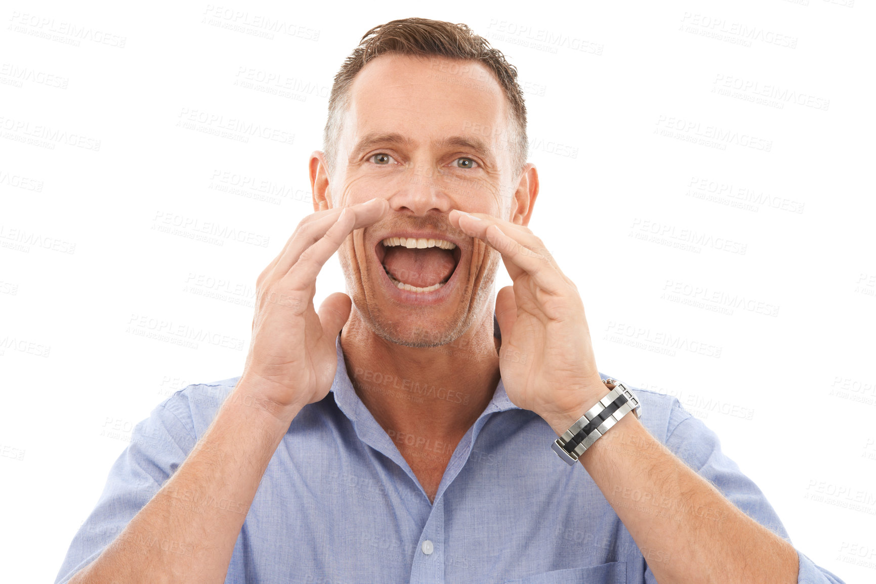 Buy stock photo Shouting, happy and portrait of a man with an announcement isolated on a white background. Screaming, yelling and businessman cupping hands for gossip, conversation or communication on a backdrop