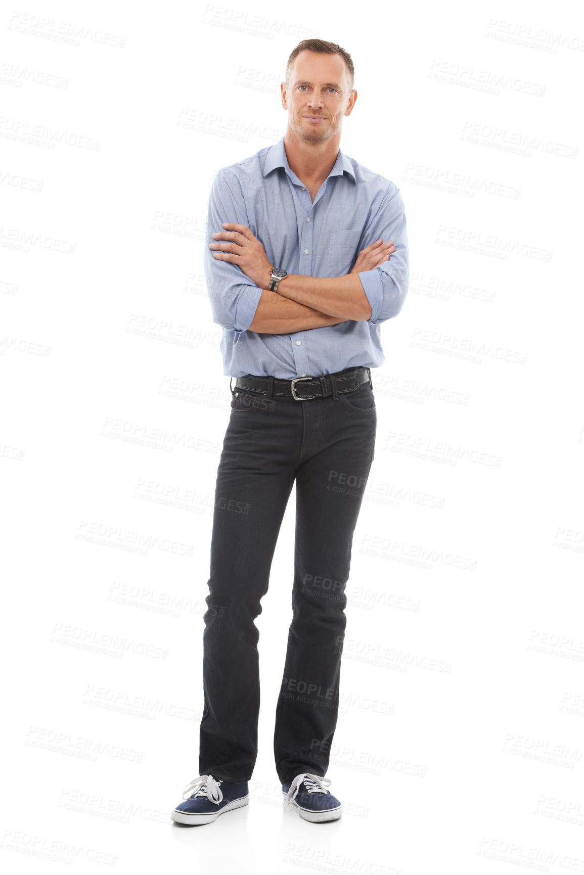 Buy stock photo Confident, success and portrait of a businessman with arms crossed isolated on a white background. Executive, content and tall man with confidence, experience and motivation for corporate work