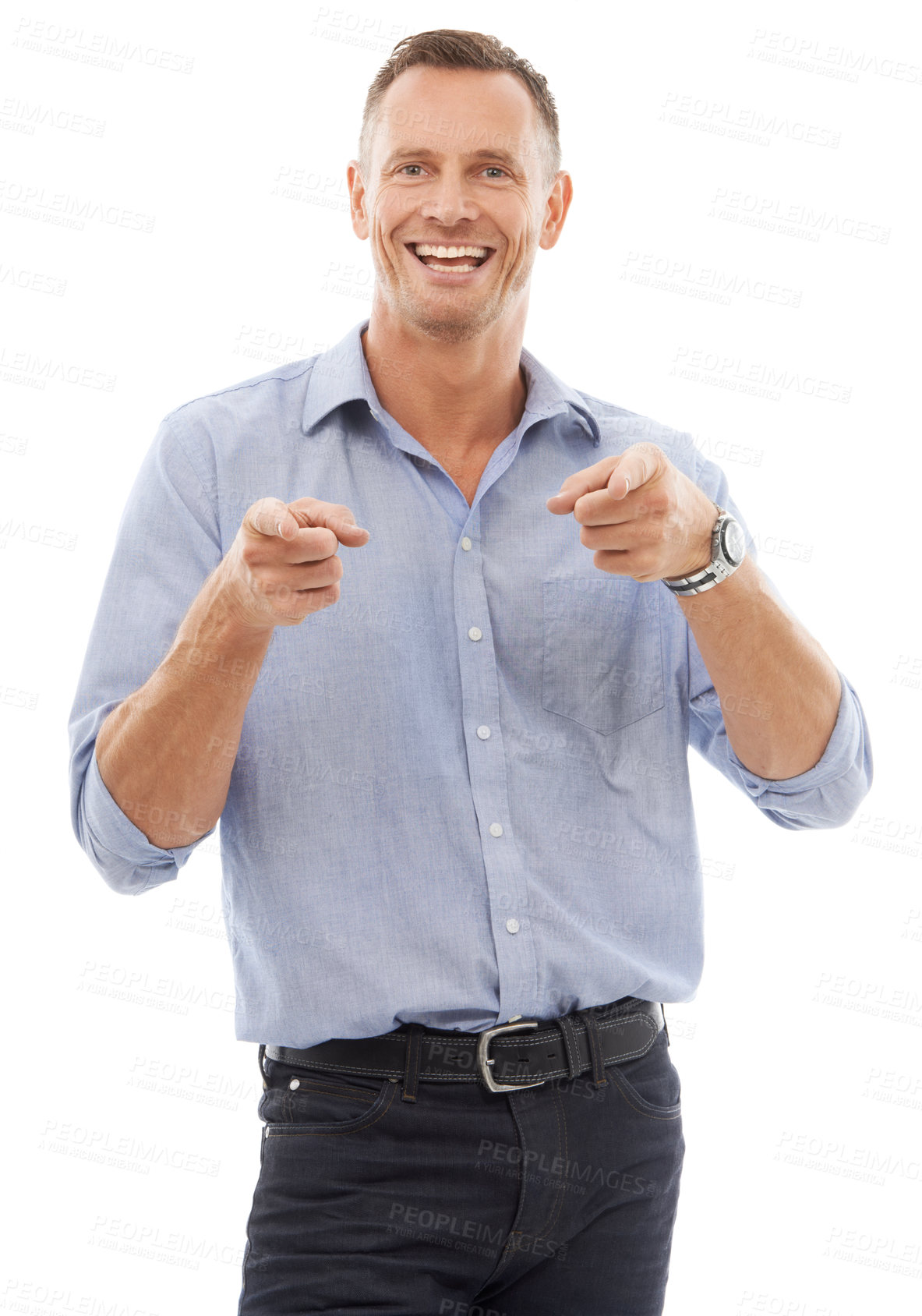 Buy stock photo Portrait of man, smile and pointing finger with proud, confident choice isolated on white background. Happy businessman, pointing and human resources, we are hiring and excited for job recruitment.