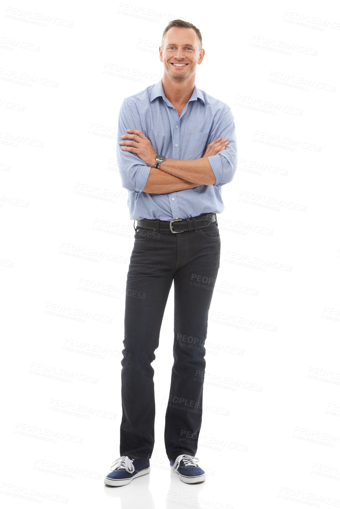 Buy stock photo Confident, happy and portrait of a businessman arms crossed isolated on a white background. Smile, content and tall man with confidence, success and happiness with motivation for corporate work