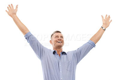 Buy stock photo Winning man and arms up isolated on a white background with success or excited for bonus, sales and profit. Business professional, person or worker with yes, celebration or freedom in studio mockup