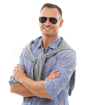 Buy stock photo Arms crossed, cool and portrait of a man with sunglasses isolated on a white background in studio. Happy, confident and relaxed mature guy with confidence, style and shades for summer on a backdrop