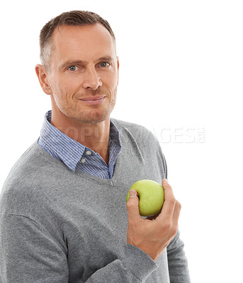 Buy stock photo Fruit, apple portrait and health man for eating, diet and wellness isolated on a white background. Model person with nutrition vegan food for healthy lifestyle, motivation and clean eating in studio