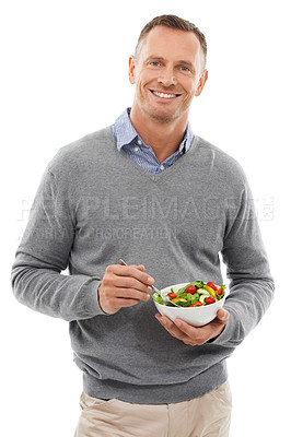 Buy stock photo Man, studio portrait and salad for health, diet and wellness isolated on a white background. Happy model person with vegan nutrition food bowl for healthy lifestyle, motivation and eating vegetables