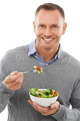 Buy stock photo Salad, portrait and man isolated on a white background for healthy green food, diet and nutritionist breakfast. Professional person or model eating vegetables or food for vegan or nutrition in studio
