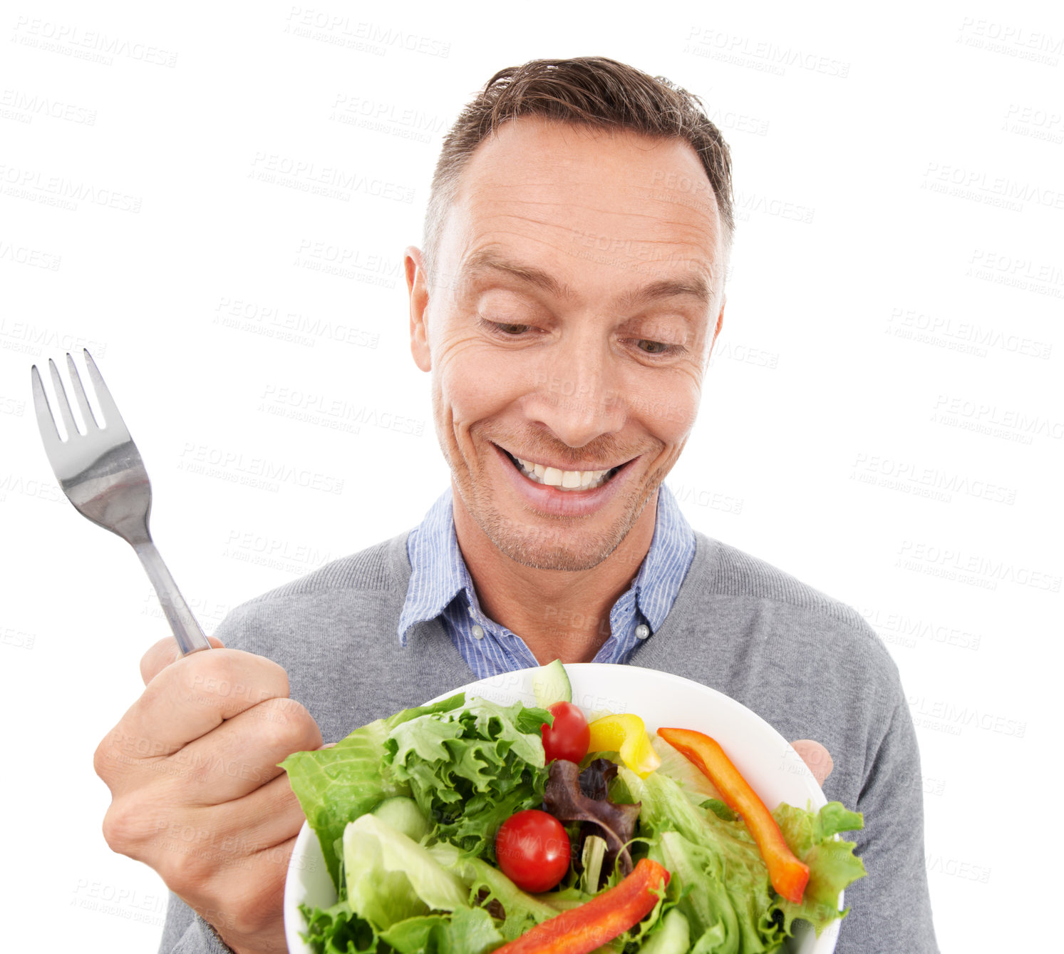 Buy stock photo Happy man with salad isolated on a white background of healthy diet, green lunch choice or nutritionist lifestyle. Smile of person or model with vegetables, food bowl for vegan or nutrition in studio