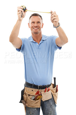 Buy stock photo Measuring tape, construction worker and man with tools for engineering, maintenance and building. Manual labor, repair service and contractor, builder and handyman with gear belt on white background