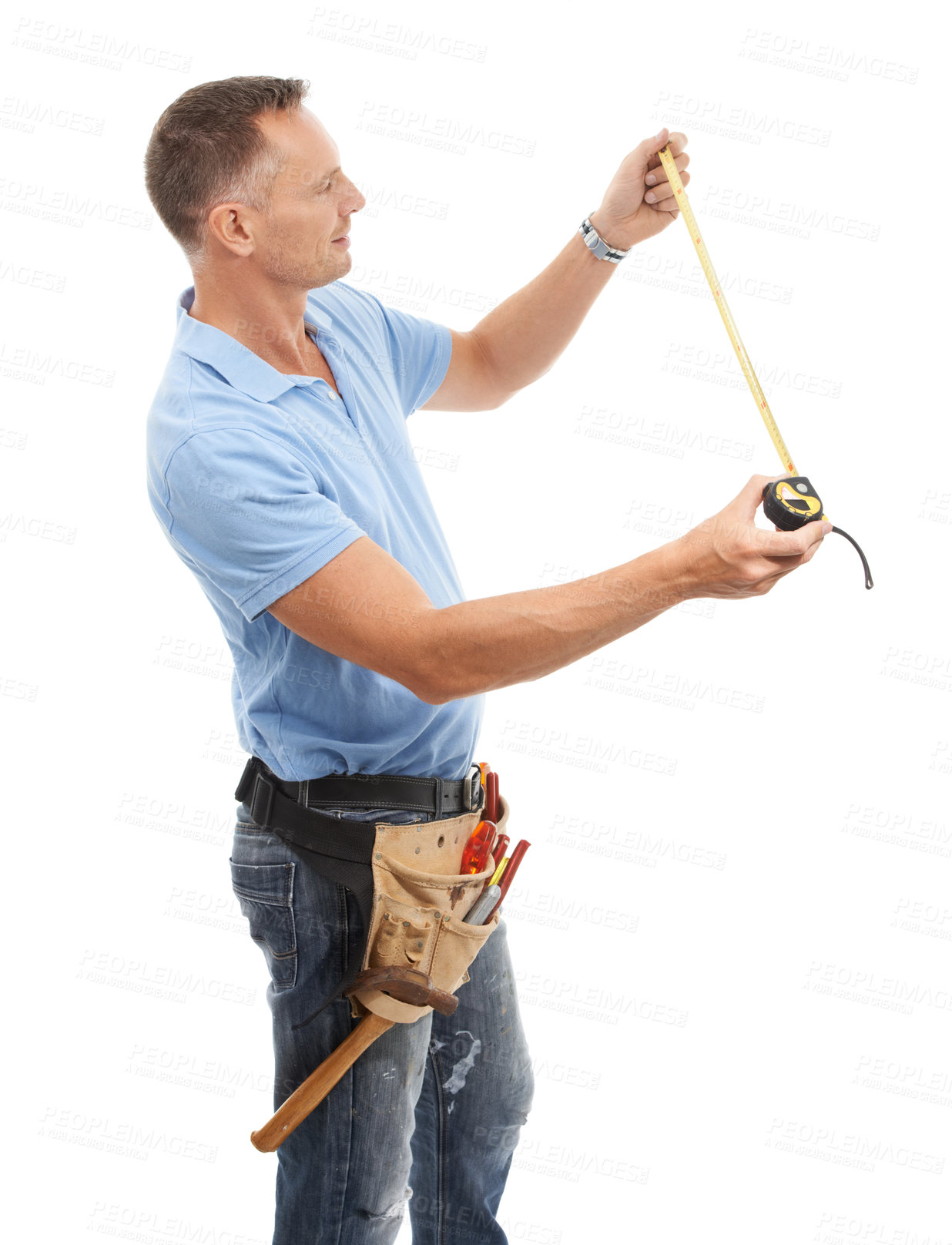 Buy stock photo Construction worker, measuring tape and man for maintenance, engineering and building. Manual labor, repair service and contractor, builder and handyman with measure tools or gear on white background