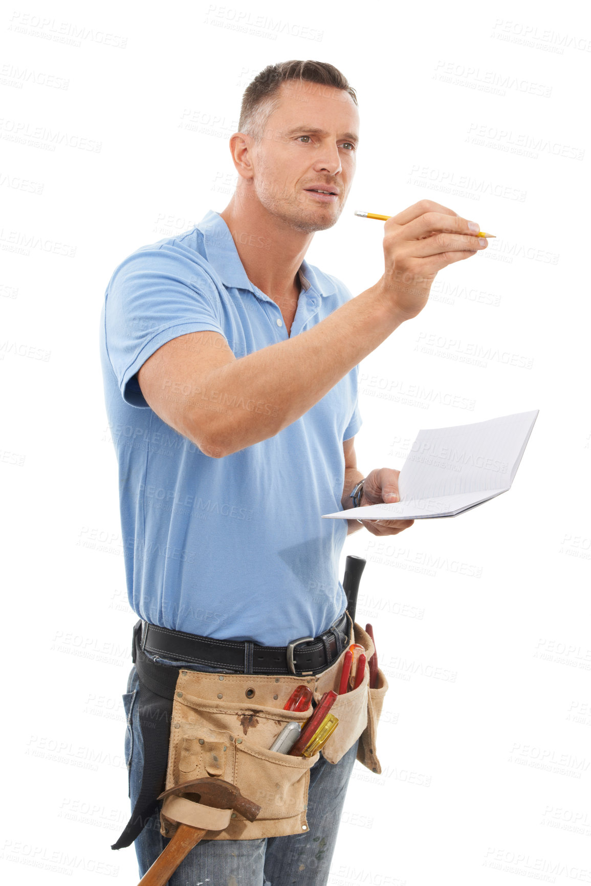 Buy stock photo Man, notebook and tool belt for maintenance, handyman or guy isolated on white studio background. Male construction worker, business owner or entrepreneur with equipment or writing for measurements