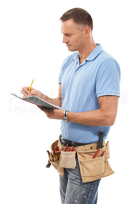 Buy stock photo Carpenter, contractor or man writing isolated on a white background with notebook, invoice and handyman tools. Professional construction worker, model or person notes for career services in a studio