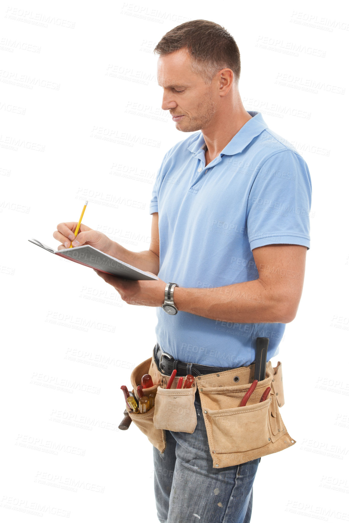 Buy stock photo Carpenter, contractor or man writing isolated on a white background with notebook, invoice and handyman tools. Professional construction worker, model or person notes for career services in a studio