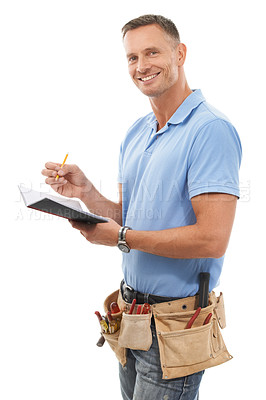 Buy stock photo Handyman, contractor or man isolated on a white background with notebook, invoice and tools. Professional construction worker, model or person writing notes for career services portrait in a studio