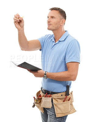 Buy stock photo Inspection, contractor or handyman man isolated on a white background notebook, checklist and tools. Professional construction worker or carpenter person writing notes or services invoice in studio