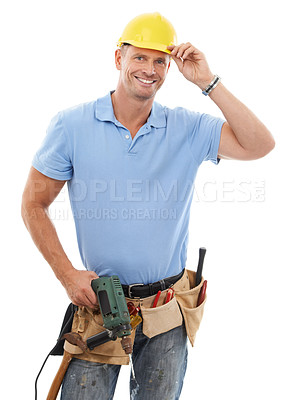 Buy stock photo Tools, construction worker and portrait of man with ppe for engineering, maintenance and building. Manual labor, repair service and contractor, builder and handyman with gear belt on white background