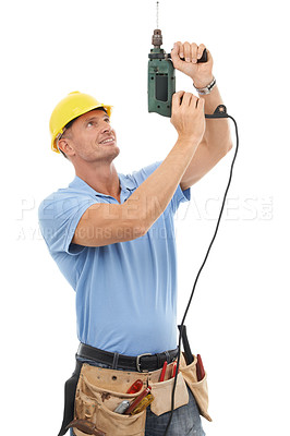 Buy stock photo Construction, drill and man with tools for building, maintenance and civil engineering. Manual labor, technician and isolated contractor, builder and handyman with gear belt on white background