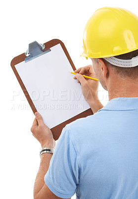 Buy stock photo Clipboard space, construction worker and man isolated on a white background for inspection or engineering checklist. Builder, contractor or project manager person with paper writing mockup in studio