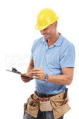 Buy stock photo Clipboard, construction worker and man isolated on a white background inspection, maintenance or industry checklist. Builder, contractor or handyman person with tools and paperwork writing in studio