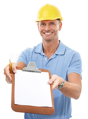 Buy stock photo Construction worker, information and portrait of holding clipboard for details, contract or deal with friendly service. Portrait of handyman, employee or builder with survey isolated in white studio