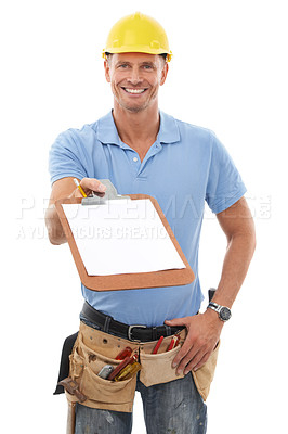 Buy stock photo Construction worker, portrait and handyman holding clipboard for sign up, contract or deal and asking for information. Paper by man, employee or builder with a survey isolated in white studio