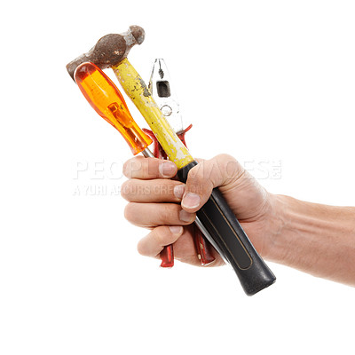 Buy stock photo Handyman, industry and hand with tools in studio for repairs, maintenance or building. Industry, repairman and male industrial worker with hammer, screwdriver and pliers isolated by white background.